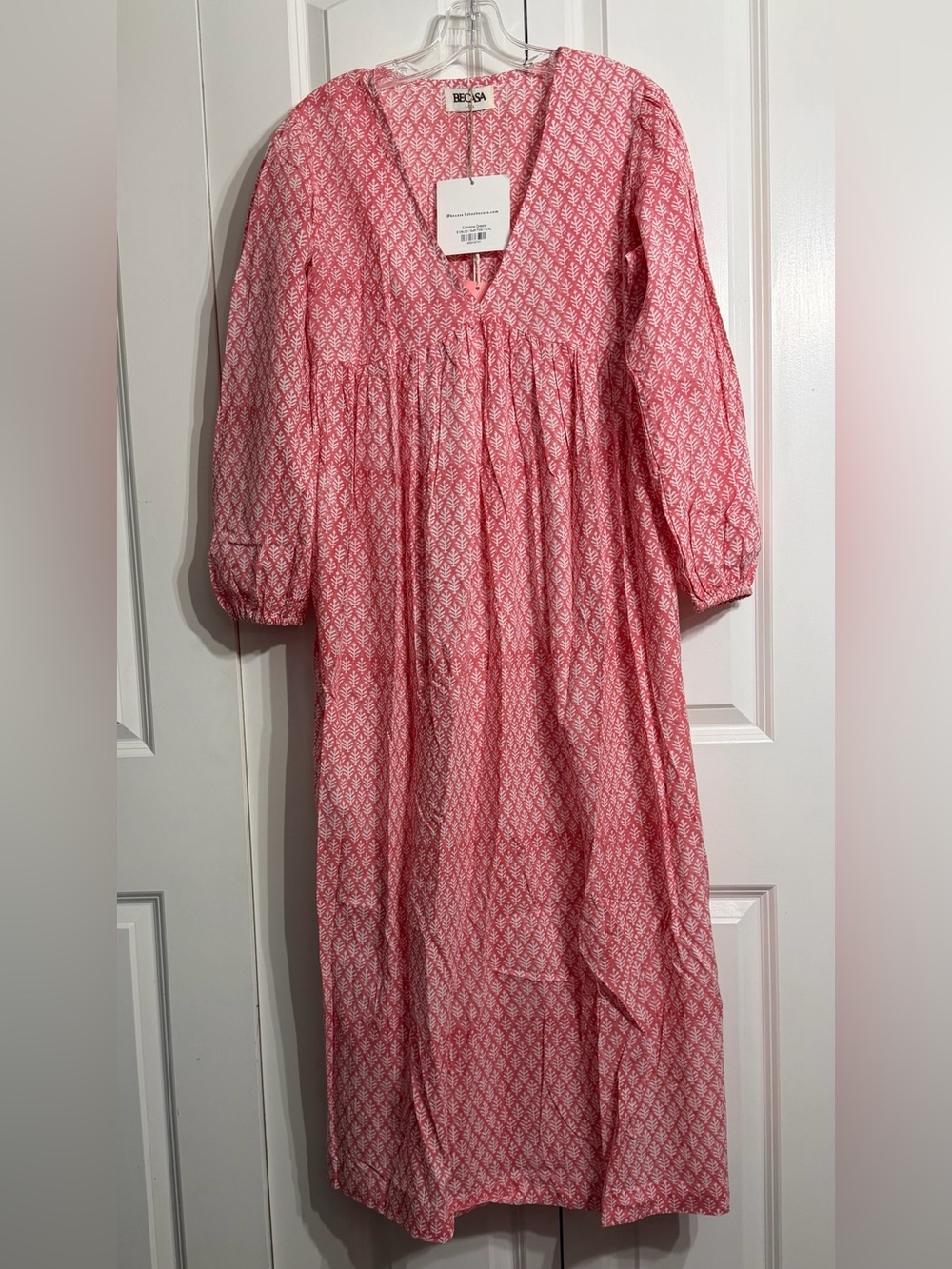 Becasa Women's Cabana Maxi Dress Pink & White Leaf Pattern Cotton Size L/XL